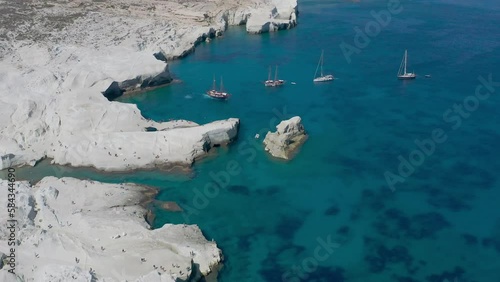 Sarakiniko Beach in Milos. Aerial fly.