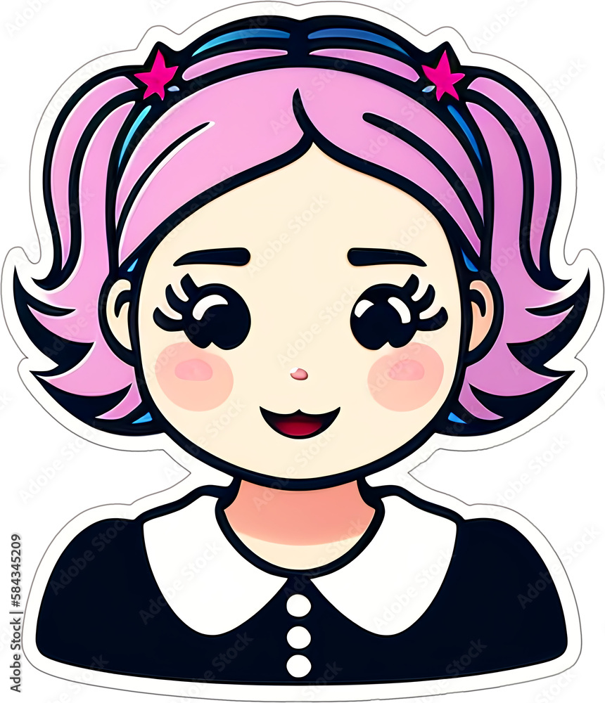 Sticker with a cartoon head of small girl with a hairstyle and a smile on his funny face, with a white frame around Sticker with a cartoon head of small girl with a hairstyle and a smile on his funny face, with a white frame around
