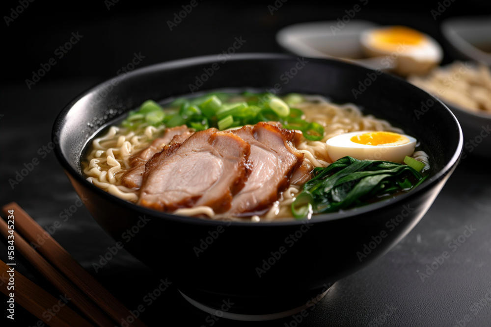 A savoury and satisfying bowl of ramen featuring perfectly cooked noodles and tender slices of pork. (Generative AI)
A savoury and satisfying bowl of ramen featuring perfectly cooked noodles and tender slices of pork. (Generative AI)