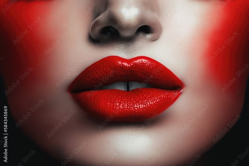 Obraz premium Close up of female lips with satin red lipstick, created using generative ai technology