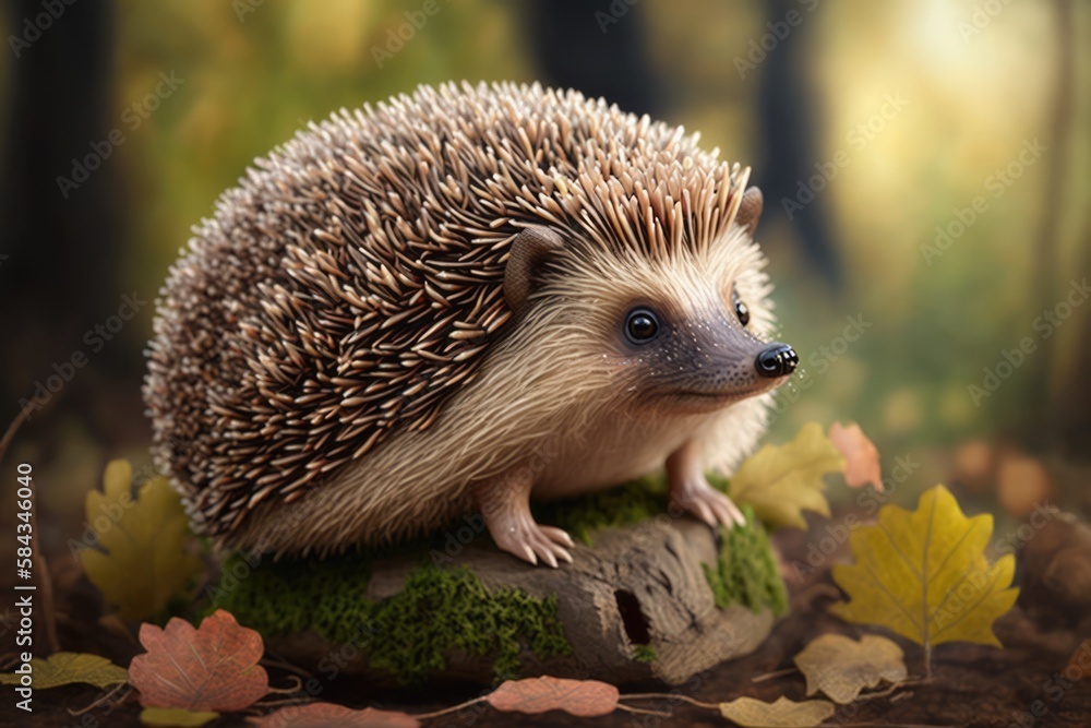 Fototapeta premium Close up of cute hedgehog in forest, created using generative ai technology