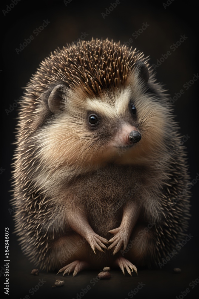 Close up of cute hedgehog on dark background, created using generative ai technology Close up of cute hedgehog on dark background, created using generative ai technology