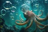 Close up of octopus swimming underwater, created using generative ai technology