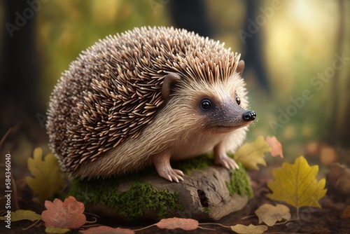 Close up of cute hedgehog in forest, created using generative ai technology