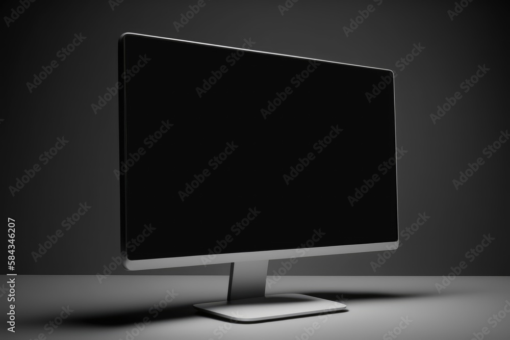 Close up of computer monitor with blank screen and copy space on black background using generative ai technology Close up of computer monitor with blank screen and copy space on black background using generative ai technology