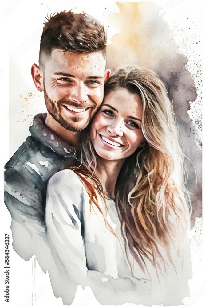 Watercolour portrait of smiling couple, created using generative ai technology Watercolour portrait of smiling couple, created using generative ai technology