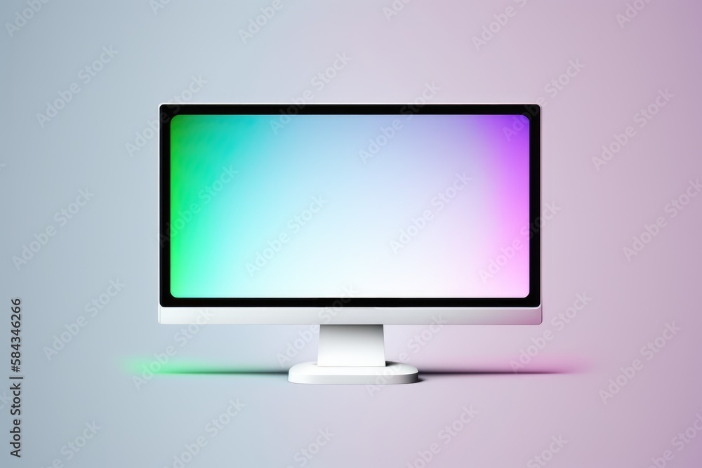 Close up of computer monitor with blank screen and copy space on purple to pink background using generative ai technology Close up of computer monitor with blank screen and copy space on purple to pink background using generative ai technology