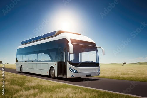 Solar powered bus driving in countryside, created using generative ai technology