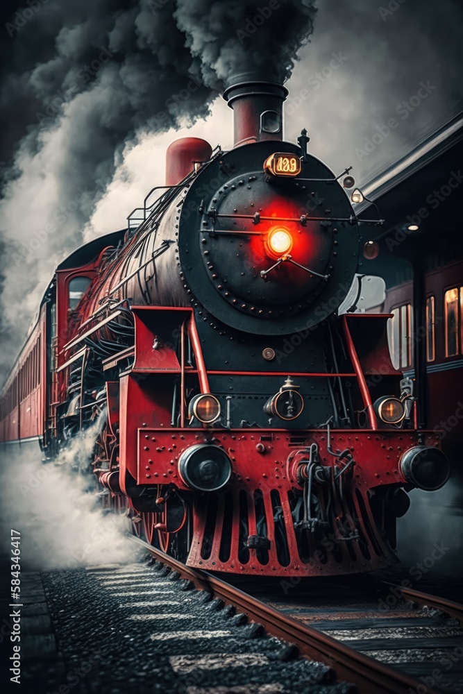 Obraz premium Black steam train on tracks over dark clouds, created using generative ai technology