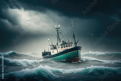 Image of fish cutter on sea and seagulls over dark clouds, created using generative ai technology © Future Vision