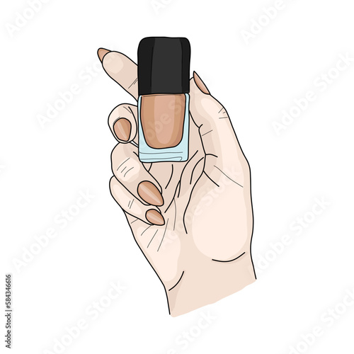 Hand drawn colorful hand with nude long stiletto shape nails