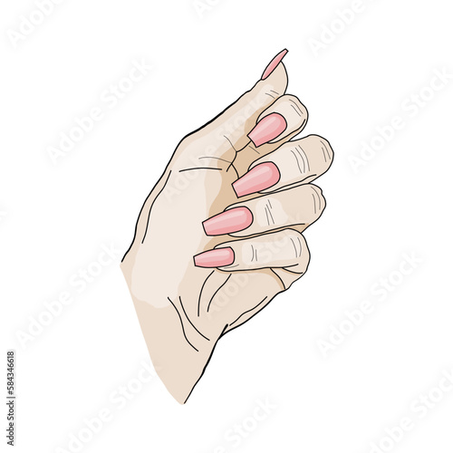 Hand drawn colorful hand with pink long coffin shape nails