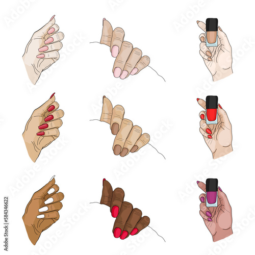 Hand drawn collection of types of hand with long and short coffin oval stiletto shape nails