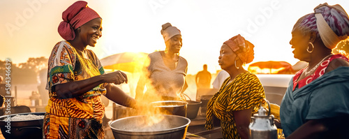 Fotografiet Senor african women cooking at local food market wearing traditional clothes - E