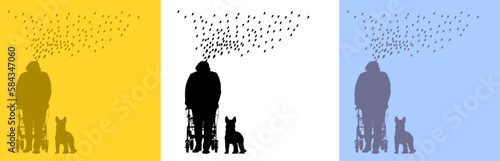 Set: Silhouette einer alten Frau mit Hund und Rollator - Vergessen, Zerfall, Demenz, Altern