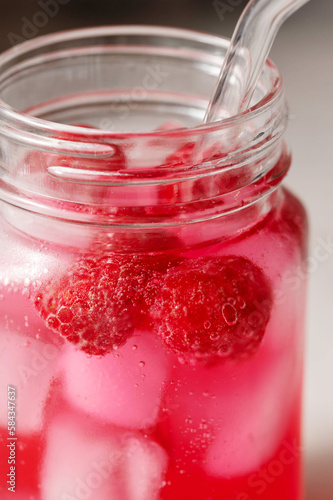 Wallpaper Mural Raspberry refreshing lemonade in mason jar with glass straw, summer cold drink. Torontodigital.ca