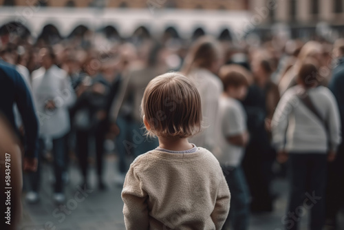 Rear view ofa lonely child in crowd of people outdoors. Close-up of lost scared little boy on street. Generative AI photo