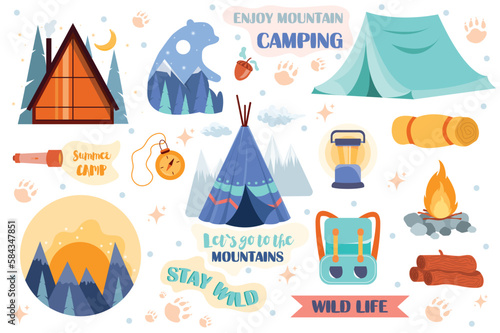 Camping, Hiking, Adventure letterings, symbols set concept in the flat cartoon design. Pictures and inscriptions that motivate and encourage camping trips. Vector illustration.