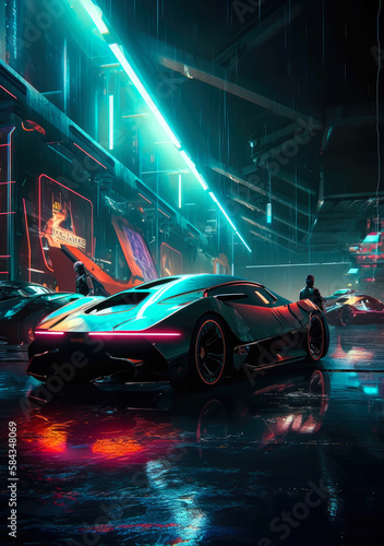 Supersport car  on the street at cyberpunk city illuminated with neon lights. Postproducted Generative AI illustration. © ZoomTeam