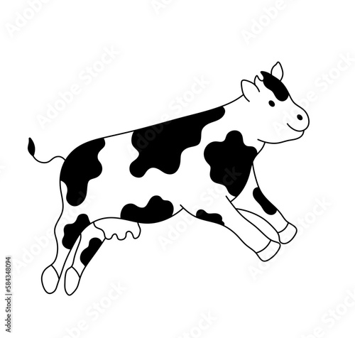 Vector isolated one single jumping spotted cow with udder side view colorless black and white contour line easy drawing