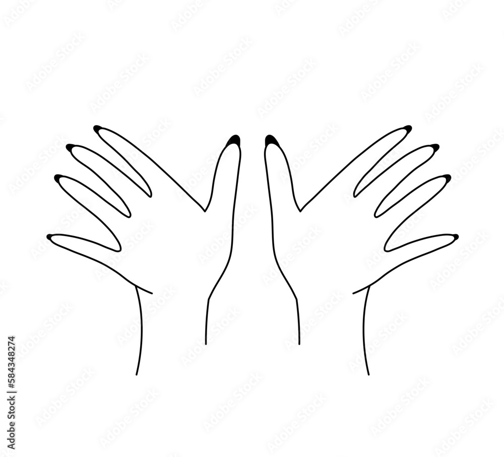 Vector isolated two pair hands palms view symmetrical mirror colorless black and white contour line easy drawing