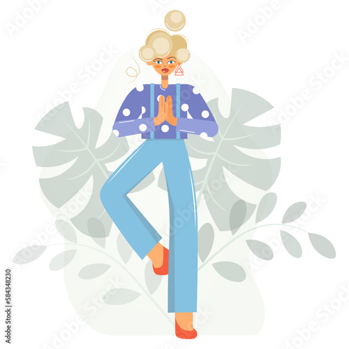 A beautiful woman practices yoga while standing on one leg. Pretty blonde woman in a tree pose meditates in nature. Slender yoga girl isolated on white background. Flat vector illustration.