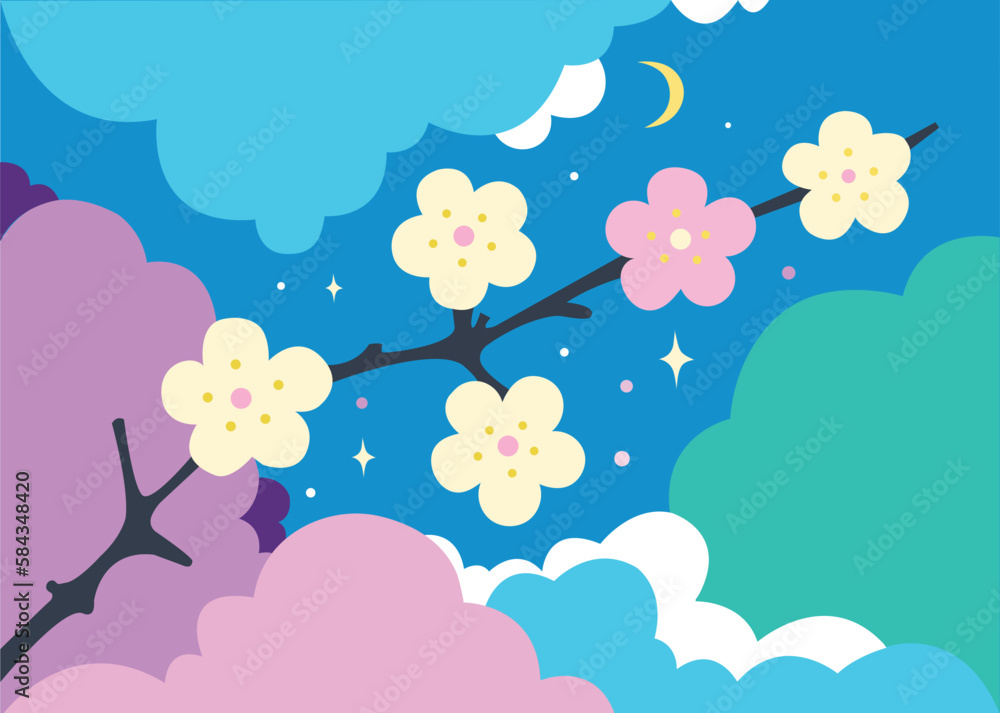 Sakura blossom branch on the blue sky. Spring pastel colors background with cherry blossom and moon