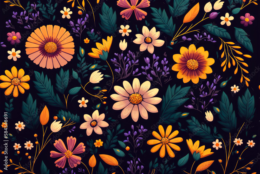 A Ditsy pattern with colorful flowers and leaves on a black background. Created with Generative AI.