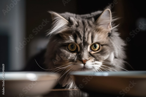 A gray cat sitting behind a table in a kitchen with plates. Created with Generative AI.