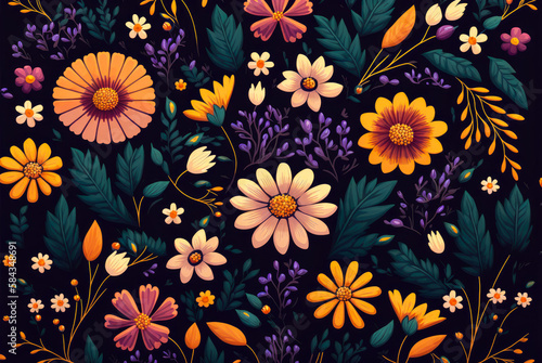 A Ditsy pattern with colorful flowers and leaves on a black background. Created with Generative AI.