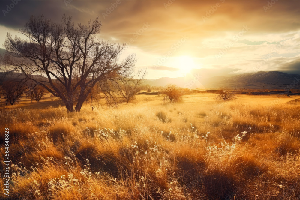 A yellow meadow and trees under a sunrise. Created with Generative AI.