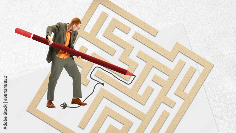 Working on way to professional success. Young man, employee drawing lines on labyrinth to reach working goals. Contemporary art collage. Conceptual design. Concept of business, career, motivation Working on way to professional success. Young man, employee drawing lines on labyrinth to reach working goals. Contemporary art collage. Conceptual design. Concept of business, career, motivation