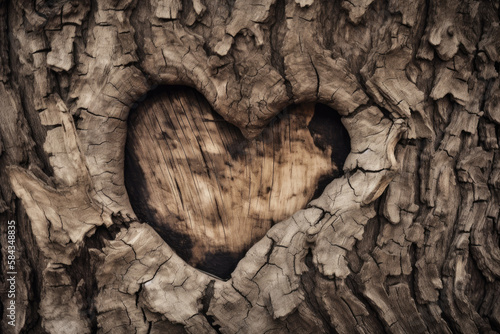 A heart shaped dent in tree bark. Created with Generative AI.