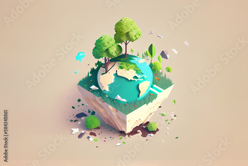 A cartoon image of a planet with trees and the word earth on it. World environment and earth day co