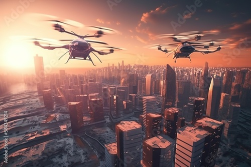Bemannte Drohnen fliegen über eine Smart-City (Generative AI) photo