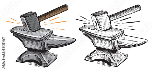 Hammer strikes the anvil, sparks. Blacksmith craft concept. Metal working tools. Sketch vintage vector illustration