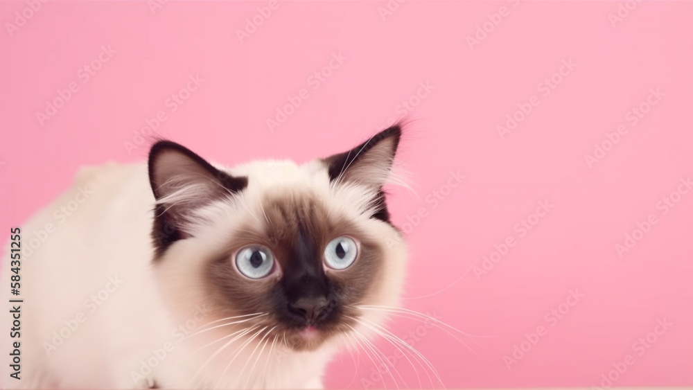 Front view beautiful cat with blue eyes, fuzzy ragdoll cat with cute expression isolated on pink background with copy space. Generative AI Front view beautiful cat with blue eyes, fuzzy ragdoll cat with cute expression isolated on pink background with copy space. Generative AI