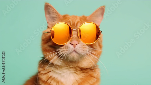 Handsome ginger cat wearing sunglasses on green pastel background