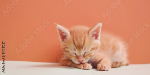 Beautiful cute newborn baby kittens  close up face of sleeping kittens on orange background with copy space. Generative AI
