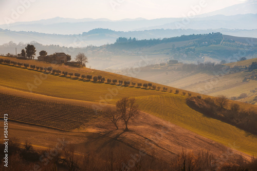 Countryside landscape in autumn  agricultural fields among hills