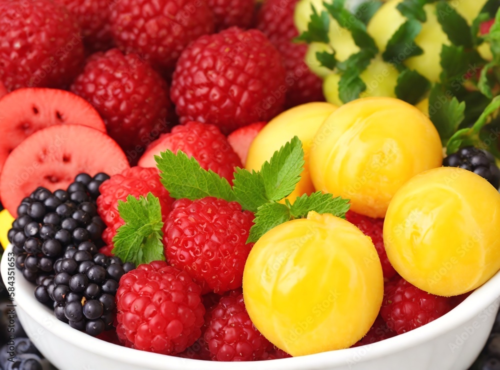 Bowl of fruit balls against a yellow background created with Generative AI. Bowl of fruit balls against a yellow background created with Generative AI.