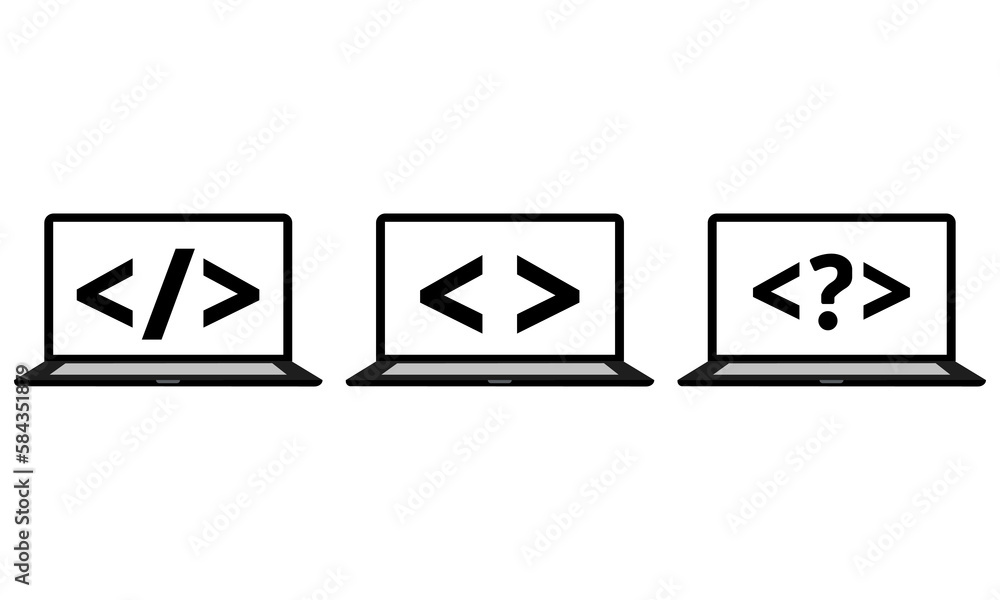 Code in laptop vector icon. Marks of the html code in the laptop. Code programming icons on device. Coding sign. Laptop on a white background eps10 vector illustration Code in laptop vector icon. Marks of the html code in the laptop. Code programming icons on device. Coding sign. Laptop on a white background eps10 vector illustration