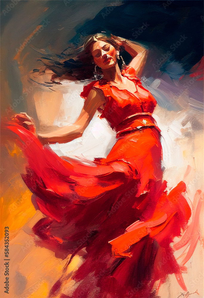 A woman in a red dress is dancing, oil panting.  - obrazy, fototapety, plakaty 