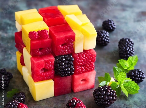 Vibrant mixed fruit cube concept art created with Generative AI. photo