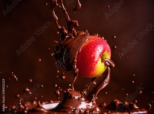 Colorful apple chocolate splash fruit art created with Generative AI. photo