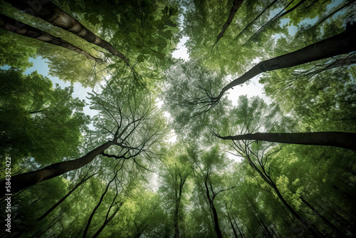 Looking up at the green tops of trees - Generative Ai, - forest, nature, environment, outdoors, wilderness, scenery, landscape, beauty, tranquility, peace, serenity, harmony, relaxation, rejuvenation.