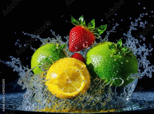 Colorful mixed fruit splash art created with Generative AI.