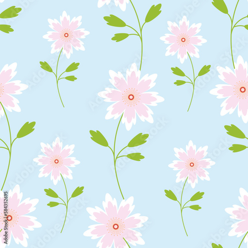 Vector seamless pattern with pink and white spring flowers in blue background in cartoon style for fabric, textile, design