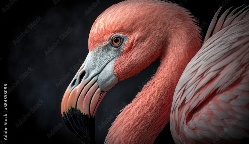 Fototapeta premium Portret różowego flaminga z bliska. Generatywna sztuczna inteligencja.