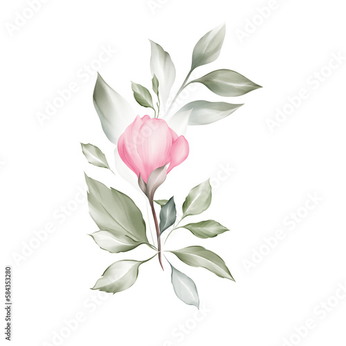 Botanical composition with foliage flowers elements on a white background. 